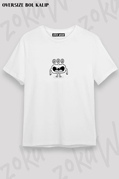 ZOKAWEAR تي شيرت مطبوع بتصميم كارتون Mounstruo 8 مقاس كبير للجنسين