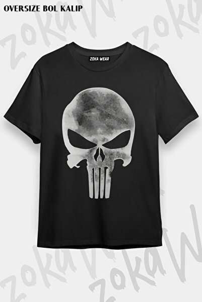 ZOKAWEAR Unisex Oversize Kalıp Punisher Logo Tasarım Baskılı Tshirt