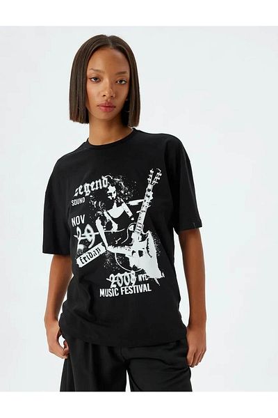Koton Cotton Oversize T-Shirt - Slogan Print, Crew Neck, Short Sleeve