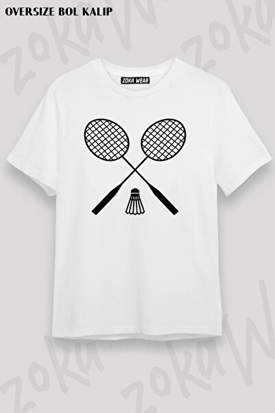 ZOKAWEAR تي شيرت مطبوع بتصميم مضرب كرة الريشة مقاس كبير للجنسين