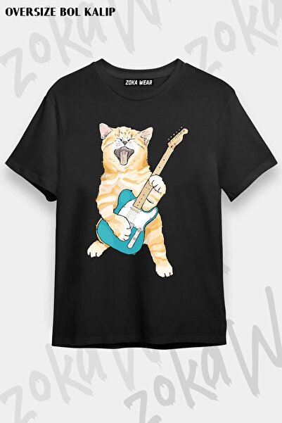 ZOKAWEAR Tricou unisex oversize cu imprimeu Rock Roll Kitten Design