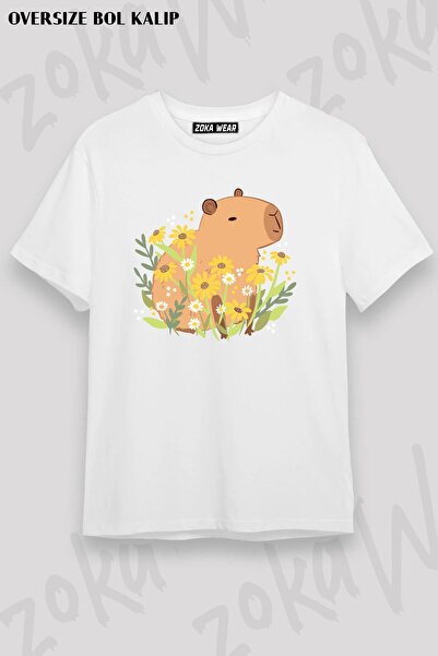 ZOKAWEAR Tricou unisex oversize cu imprimeu Capybara cu flori de margarete