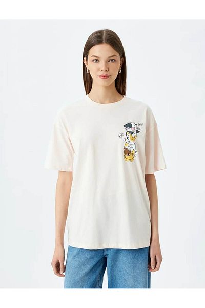 Koton Tricou cu mânecă scurtă, cu imprimeu cu pisici, cu decolteu rotund