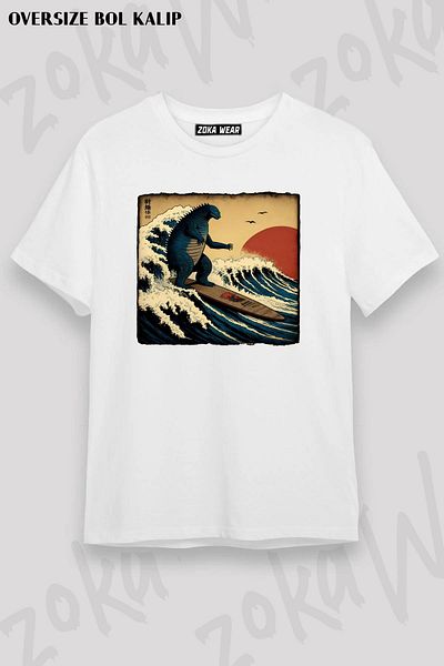 ZOKAWEAR Μπλουζάκι με στάμπα Unisex Oversize Godzilla Surfing Design