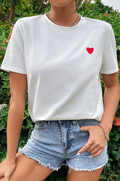 Frisson Tricou de damă oversize din bumbac cu inimă roșie