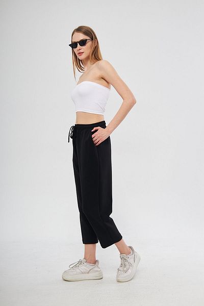 THIFF GYMWEAR Black Ultra Soft, Stitching Detailed Carrot Cut Lace-Up Elastic Ankle Length Women's Modal Trousers