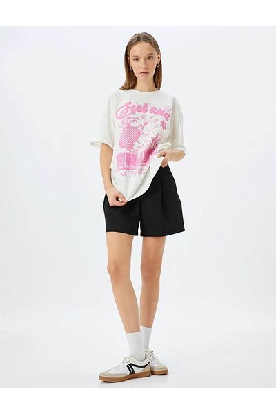 Koton Crew Neck Slogan Printed Comfortable Fit Short Sleeve T-Shirt