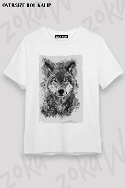 ZOKAWEAR Tricou unisex oversize cu lup cu ochi albaștri cu imprimeu special