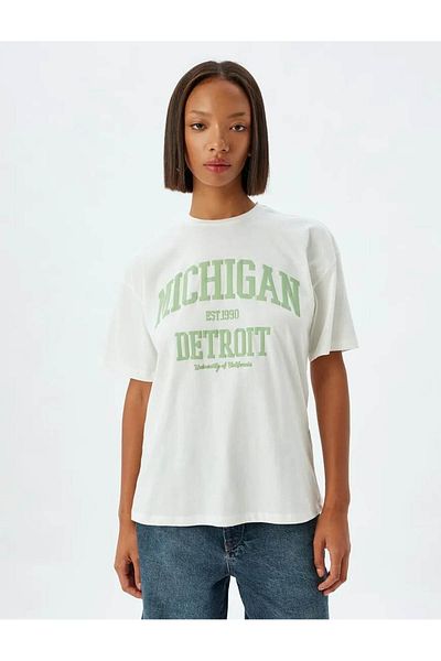 Koton College Printed Oversize Cotton T-Shirt - Crew Neck, Short Sleeve