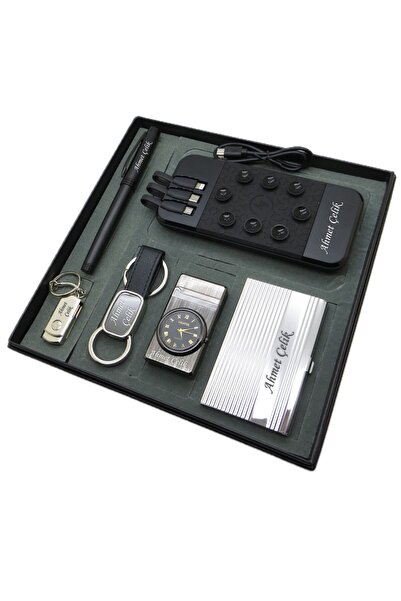 Genel Markalar ® Praxis | Kişiye Özel Set - 10000 mAh Powerbank + Saatli Çakmak + 32Gb. Usb Bellek + Roll