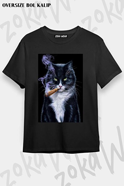 ZOKAWEAR تيشيرت مطبوع بتصميم قطة كاريزمية تدخين السيجار مقاس كبير للجنسين