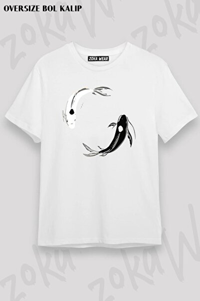 ZOKAWEAR Tricou unisex oversize Yin Yang Koi, tricou imprimat cu design avatar
