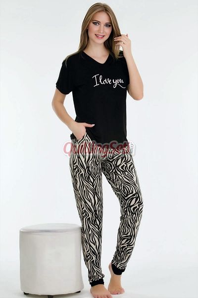 quilling Black Color and Zebra Print Lady 12548 Cotton Viscose Women's Short Sleeve Pajamas Set