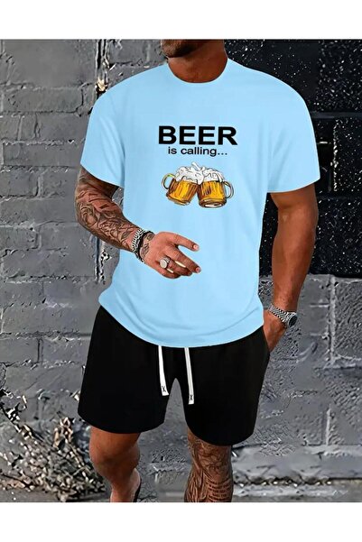 caddekombin Beer Printed Black Blue Top and Bottom Set - Comfortable Loose Le...