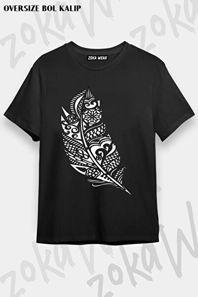 ZOKAWEAR تي شيرت مطبوع بتصميم ريش أسود كبير الحجم للجنسين
