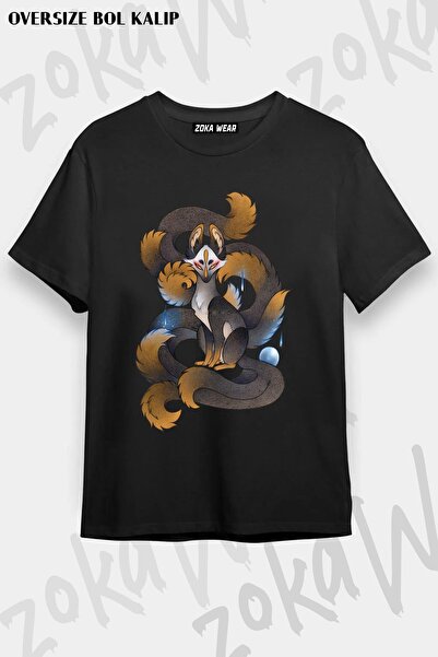 ZOKAWEAR Unisex Oversize kroj Mold Crno-Zlatna Kitsune Dizajn Štampano Majica