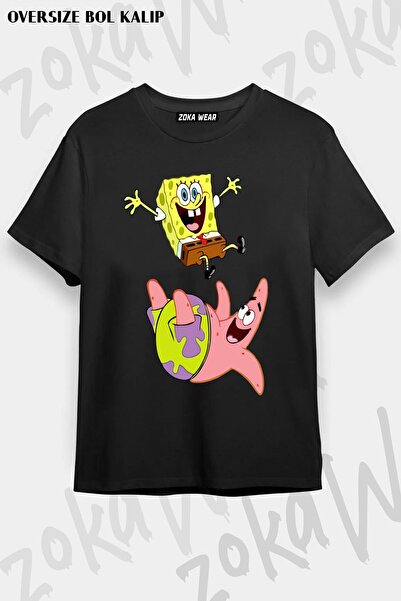 ZOKAWEAR Unisex Oversize Kalıp Sünger Bob 2 Tasarım Baskılı Tshirt