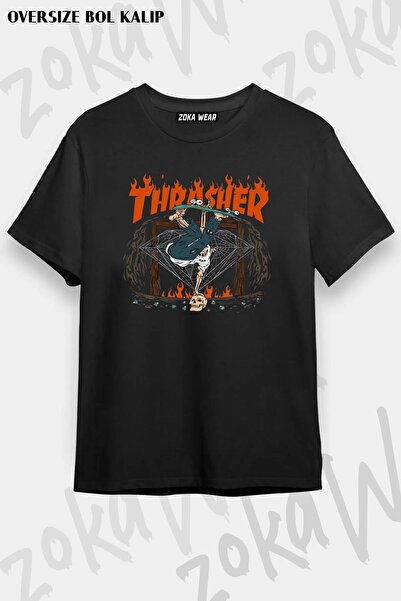 ZOKAWEAR Унисекс тениска с щампа на скелет и дизайн Thrasher Skateboarder Ove...