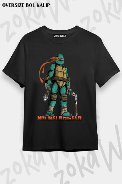 ZOKAWEAR Unisex Oversize Kalıp Michelangelo Ninja Kaplumbağalar Tasarım Baskılı Tshirt