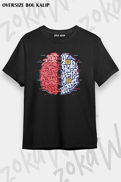 ZOKAWEAR Tricou imprimat unisex oversize, minimalist, cu design chip Brain