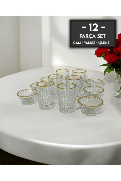 gkzglass home dekor Elysia Cam Yaldızlı Kahve Yanı Su Bardağı Sunum Seti 12'li Set