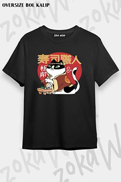 ZOKAWEAR Tricou imprimat unisex oversize cu pisică japoneză Sushi Design