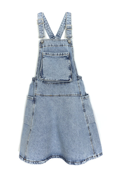 DobaKids Синя дънкова рокля с жилетка - детайл с джоб тип кенгуру, момиче