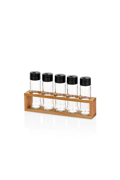 KukiWood 5-Piece Salt and Pepper Shakers Set Spice Rack, Spice Rack with Wooden Stand