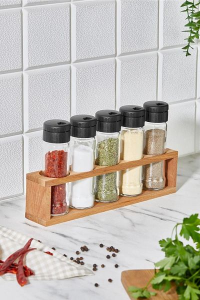 KukiWood 5-Piece Salt and Pepper Shakers Set Spice Rack, Spice Rack with Wooden Stand