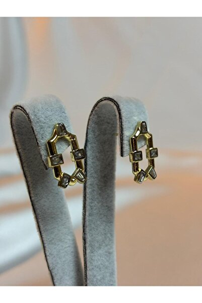 mysteriajewelry Çelik Altın Renk Zirkon Taşlı Geometrik Küpe