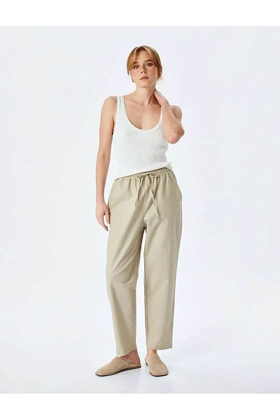 Koton Beige Women's Trousers with Pockets and Lace-Up Waist 5Sak40277Pw