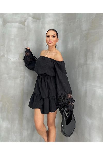 FASHION COCKTAIL Extra Long Sleeve Double Layer Lace Embroidery Madonna Collar Off-Shoulder Natural Bohemian Summer Dress with Belt