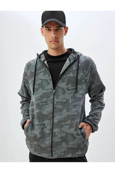 Koton Scuba Fabric Hoodie Camouflage Print Viscose Mix – Sport-Sweatshirt mit Reißverschluss und Taschendetail