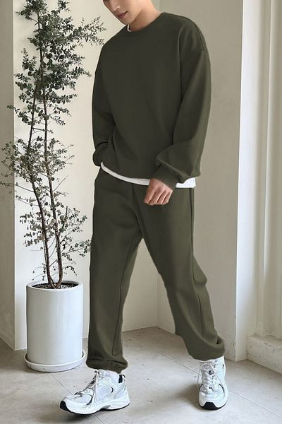 ruNadeS Khaki Regular Fit Regular Fit Basic Thick Fleece Inside Crew Neck Tracksuit Set