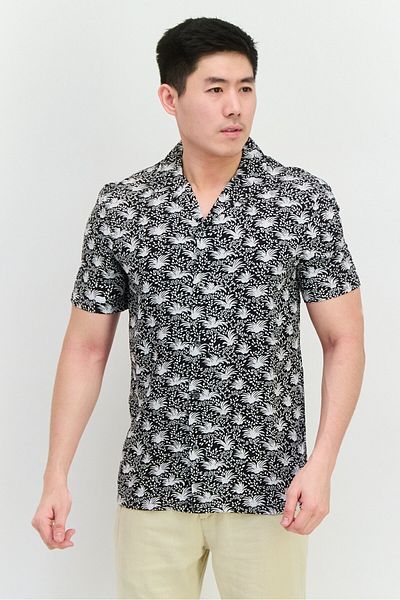 French Connection Men Regular Fit Allover Print Short Sleeves Casual Shirt, Black