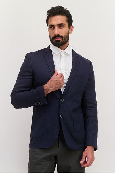 Jules Men Regular Fit Chambray Pattern Semi Formal Blazer, Navy