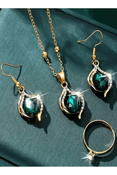 takıbahçesi Non-Tarnish Steel Zircon Stone Detailed Elegant Water Drop Necklace Earrings Ring Set