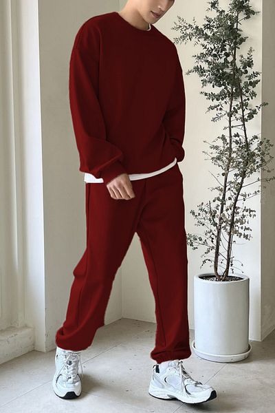 ruNadeS Burgundy Regular Fit Regular Fit Basic Thick Fleece Inside Crew Neck Tracksuit Set