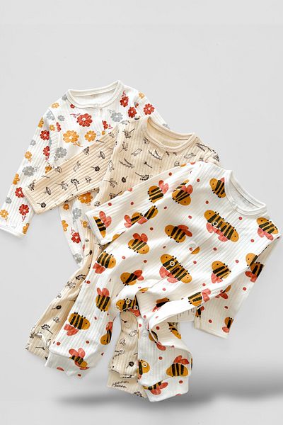 COOLMINIES 3-Piece Patterned Baby Romper Set - Snap Fastener, 100% Cotton, 3-12 Months