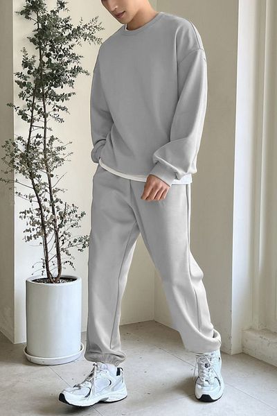 ruNadeS Gray Regular Fit Regular Fit Basic Thick Fleece Inside Crew Neck Tracksuit Set