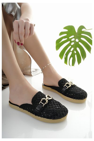 Modafırsat Women's Casual Slippers Black Knit Straw Knitted Stylish Summer Home Beach Vacation Business Office Slippers