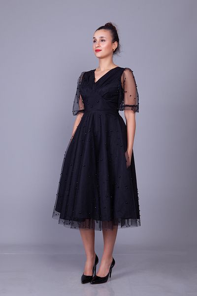 Bidoluelbise Pearl Tulle Covered V Neck Short Balloon Sleeve Midi Length Evening Dress