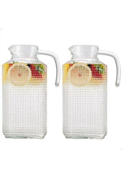 Home Zone 2 Pcs Glass Pitcher with Lid and Textured Fridge Pitcher Clear Glass Water Pitcher 63oz (1.8 Litre)