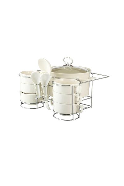 Dania Ceramic soup set, 15 pieces, on a silver stand