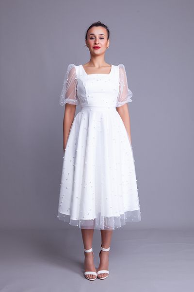 Bidoluelbise Pearl Tulle Covered Square Neck Short Balloon Sleeve Midi Length Evening Dress