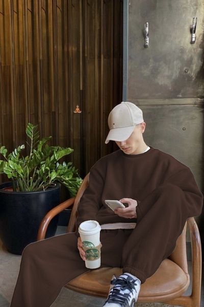 ruNadeS Καφέ φούτερ Oversize και Σετ Φούτερ Jogger - Ροζ Ρολό