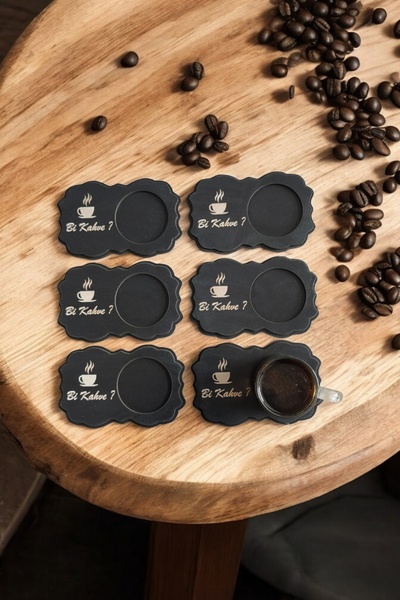 wooden gift design Kahve Sunum Bardak Altlığı 6 Adet Siyah Bi Kahve Sözü