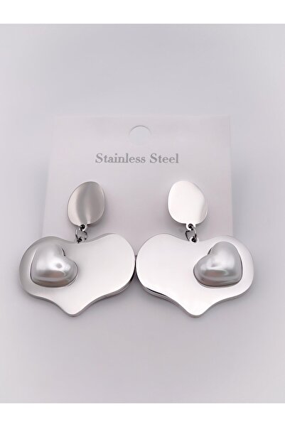 Trinos Çelik Küpe İnci Detaylı Plaka Kalp Küpe