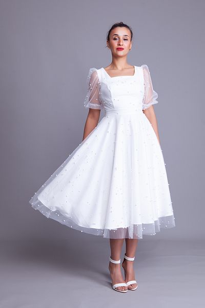 Bidoluelbise Pearl Tulle Covered Square Neck Short Balloon Sleeve Midi Length Evening Dress