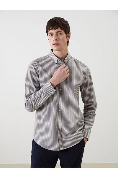LC Waikiki Southblue Khaki Regular Fit Long Sleeve Striped Men's Shirt